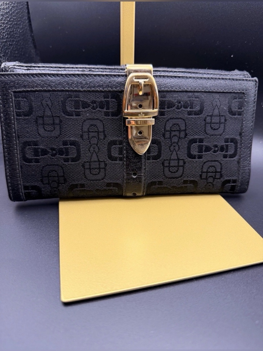 Authentic Vintage Black Gucci Horsebit Long Wallet with gold-tone buckle / COA